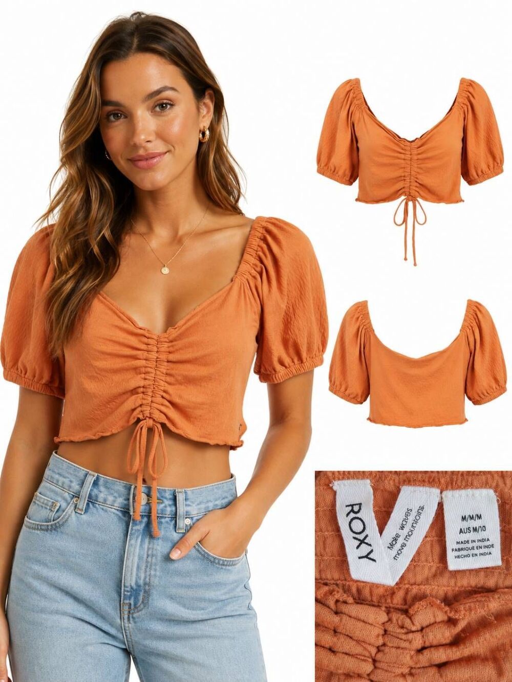 Roxy Rust Orange Puff Sleeve Ruched Crop Top Size M